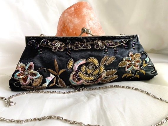 Black Evening Bag Glamorous Purse Black Taffeta Purse Beaded