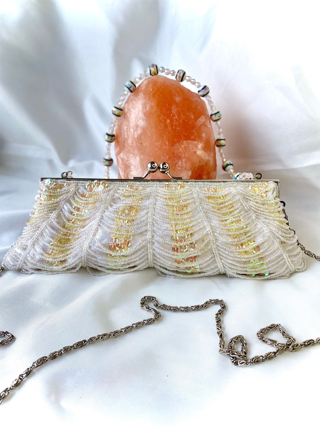 Bridal Clutch for Wedding Day, White Beaded Purse, Frame Purse Clutch