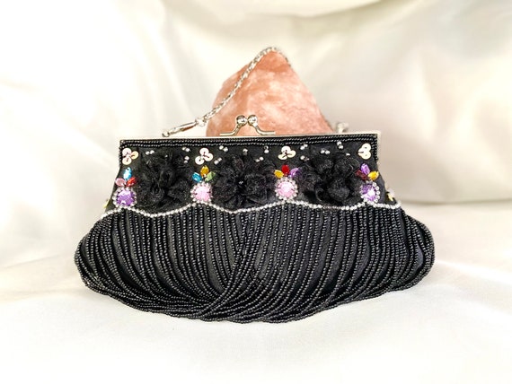 Beaded Party Clutch, Bridal Handbag, Black Evenin… - image 1