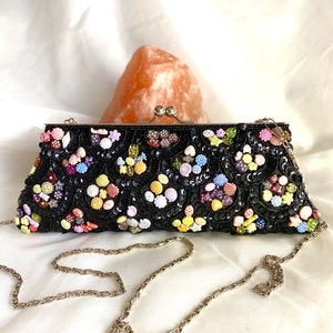 Handmade Black Beaded Clutch Bag with Colorful Seashells & Floral Accents, Unique Evening Purse with Chain Strap, Whimsical Statement Bag