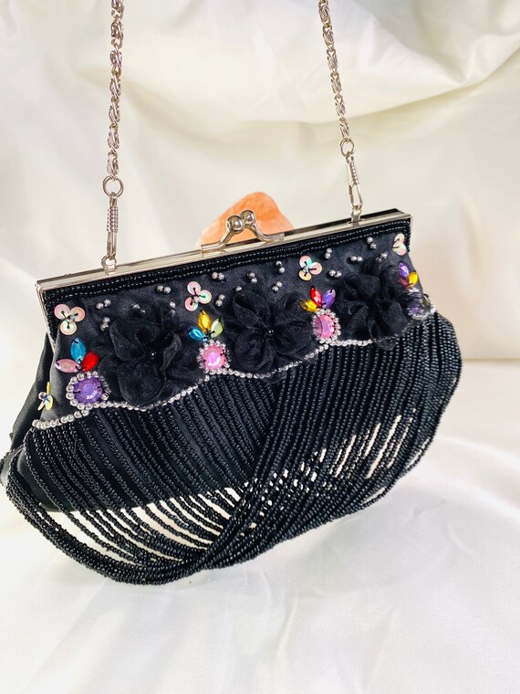 Beaded Party Clutch, Bridal Handbag, Black Evenin… - image 7