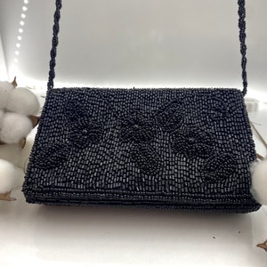 Elegant Black Beaded Purse, Luxury Handcrafted Bag for Weddings, Formal Events, and Parties, Floral Beaded Handbag, Bridal Evening bag,