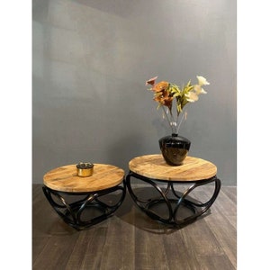 Round coffee table Set of 2 Basti side tables made of solid mango wood Living room table
