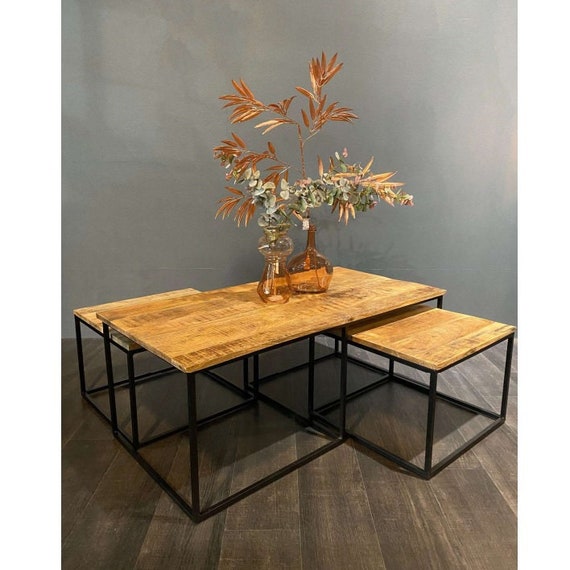 Sliwo Coffee Table Made of Mango Wood 3 Pieces. Side Table Set