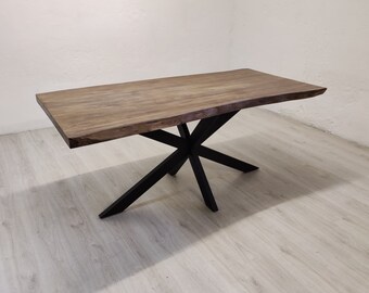 Table à manger Spider 160-260 cm avec bord d'arbre, cadre en bois d'acacia massif, table de cuisine, planche en bois