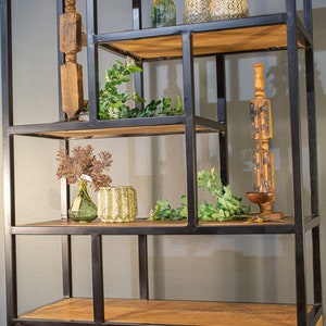 May include: A black metal shelf unit with wooden shelves and a cabinet with two doors. The shelves are decorated with plants, vases, and decorative items.
