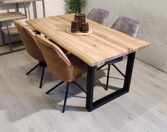 Kufentisch Flo mit Baumkante Esstisch aus massiver Eiche 140x90 cm 160x90 cm 180x90 cm