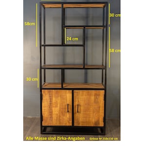 May include: Black metal shelf unit with wooden shelves and two cabinet doors. The shelf unit is 58 inches tall, 32 inches wide, and 30 inches deep. The cabinet doors are 30 inches wide and 24 inches tall. The shelf unit is labeled "Gr&ouml;sse M 210x110 cm".