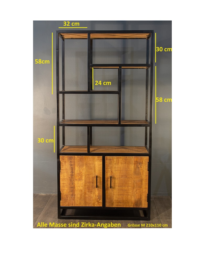 May include: Black metal shelf unit with wooden shelves and two cabinet doors. The shelf unit is 58 inches tall, 32 inches wide, and 30 inches deep. The cabinet doors are 30 inches wide and 24 inches tall. The shelf unit is labeled "Gr&ouml;sse M 210x110 cm".