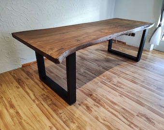 Mesa de comedor Udo de 140-260 cm con borde de árbol, madera maciza de acacia, mesa de cocina con estructura en U, mesa de madera con base de trineo