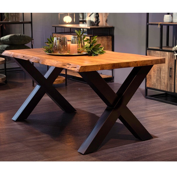 Xano eettafel 140-260 cm met boomrand massief acaciahout X-frame keukentafel massief houten tafel