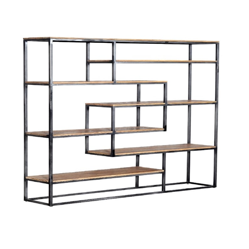 May include: A large, industrial-style bookshelf with a black metal frame and wooden shelves. The shelves are arranged in a geometric pattern, creating a unique and modern look.