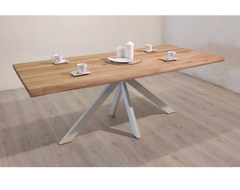 Table à manger Spider 140-240 cm en bois de chêne massif avec cadre en araignée blanche Table de cuisine avec bord d'arbre en bois massif