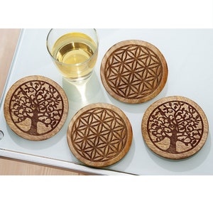 Wooden coasters for glasses set of 4 tree of life 10 cm