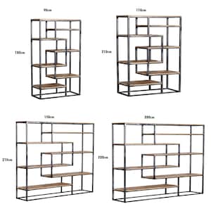 May include: Four different sizes of black metal shelving units with wooden shelves. The shelves are arranged in a geometric pattern. The units are 90cm x 180cm, 110cm x 210cm, 150cm x 210cm, and 200cm x 220cm.