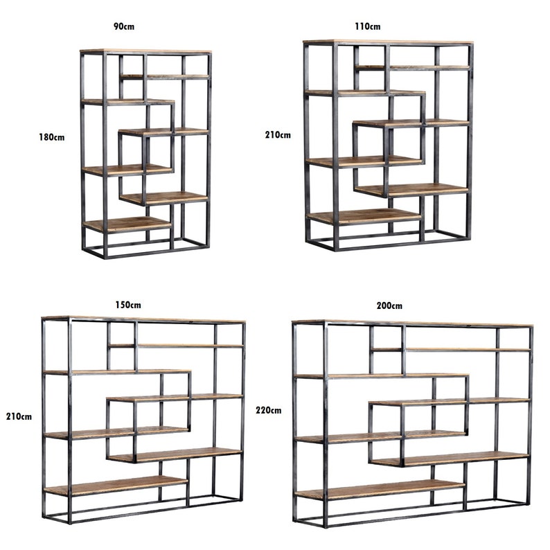 May include: Four different sizes of black metal shelving units with wooden shelves. The shelves are arranged in a geometric pattern. The units are 90cm x 180cm, 110cm x 210cm, 150cm x 210cm, and 200cm x 220cm.