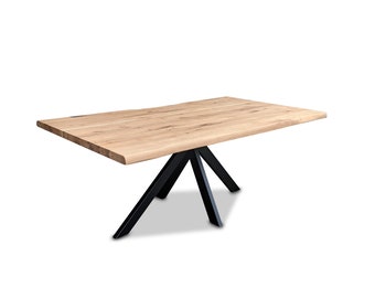 Table à manger Spider 140-240 cm en chêne massif avec cadre en araignée Table de cuisine avec bord d'arbre en bois massif