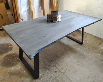 Table à manger Leo2 160 - 280 cm bois d'acacia massif avec bord laqué gris Table de cuisine table en bois massif bois massif