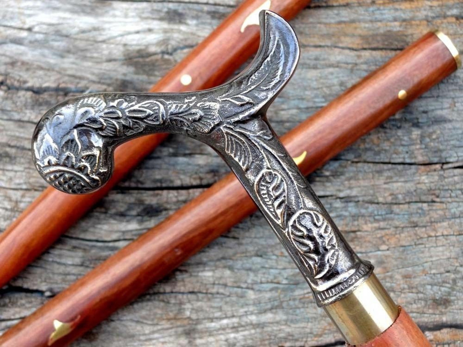 Victorian Brass Handle Wooden Walking Stick Vintage Designer Etsy