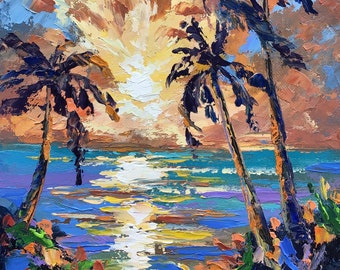 Caribbean Painting Beach Sunset Original Art Palm Trees And Tropical Flowers Wall Art Original Oil On Canvas 9 By 12 ArtbyNadiaUS