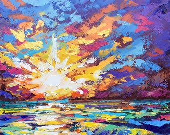Sunset Painting Seaside Original Art Golden Sunset On The Beach Nautical Impasto Art Seascape Painting Oil On Canvas 12 By 12 ArtbyNadiaUS