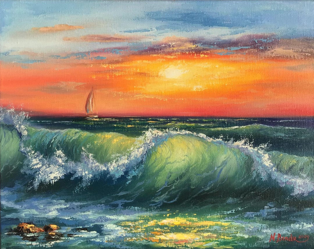 Ocean Sunset Painting: Original Seascape Oil on Canvas (14x11) - Etsy