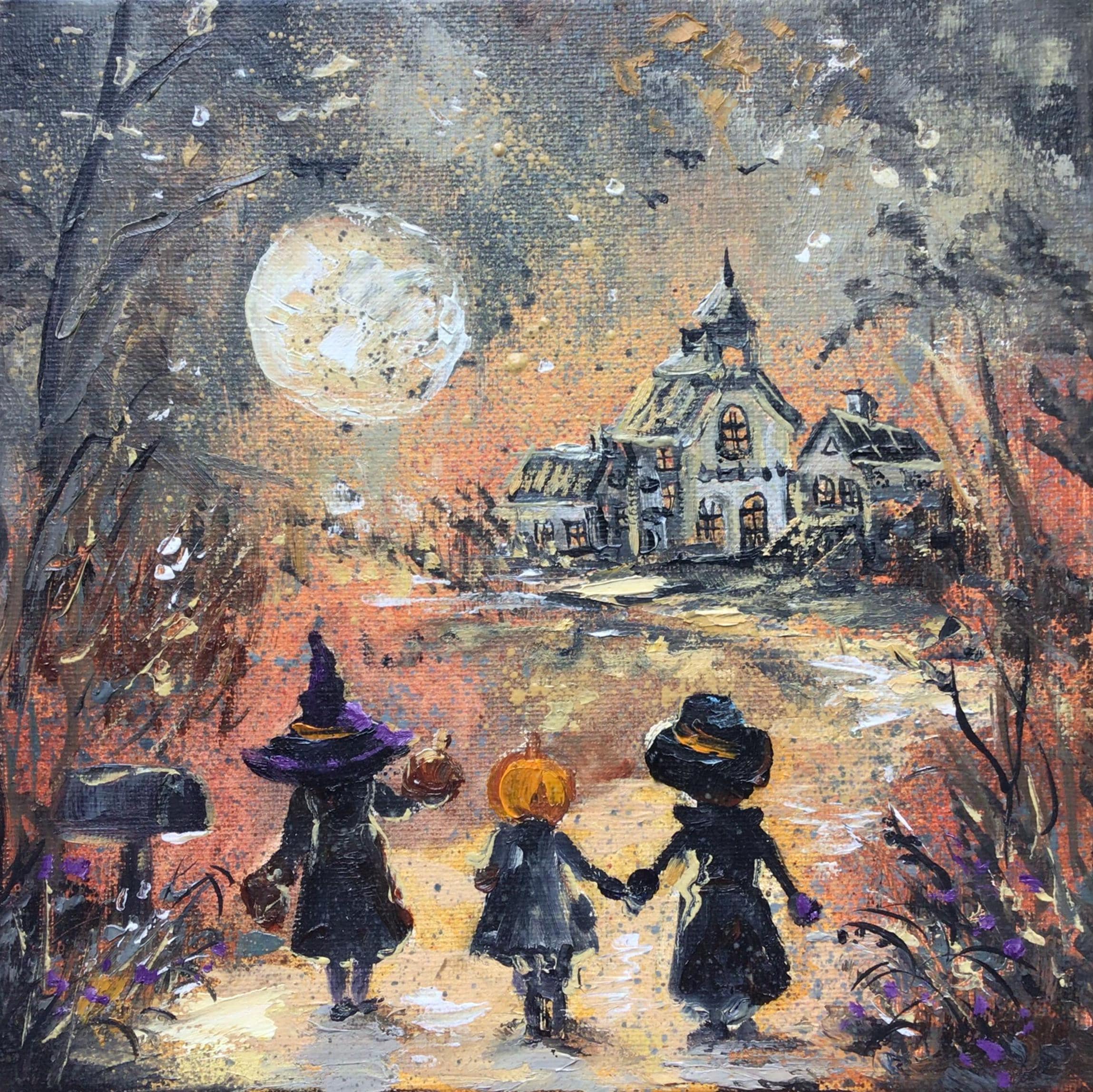 Trick or Treat Painting, Halloween Art, Original Oil on Canvas 8x8