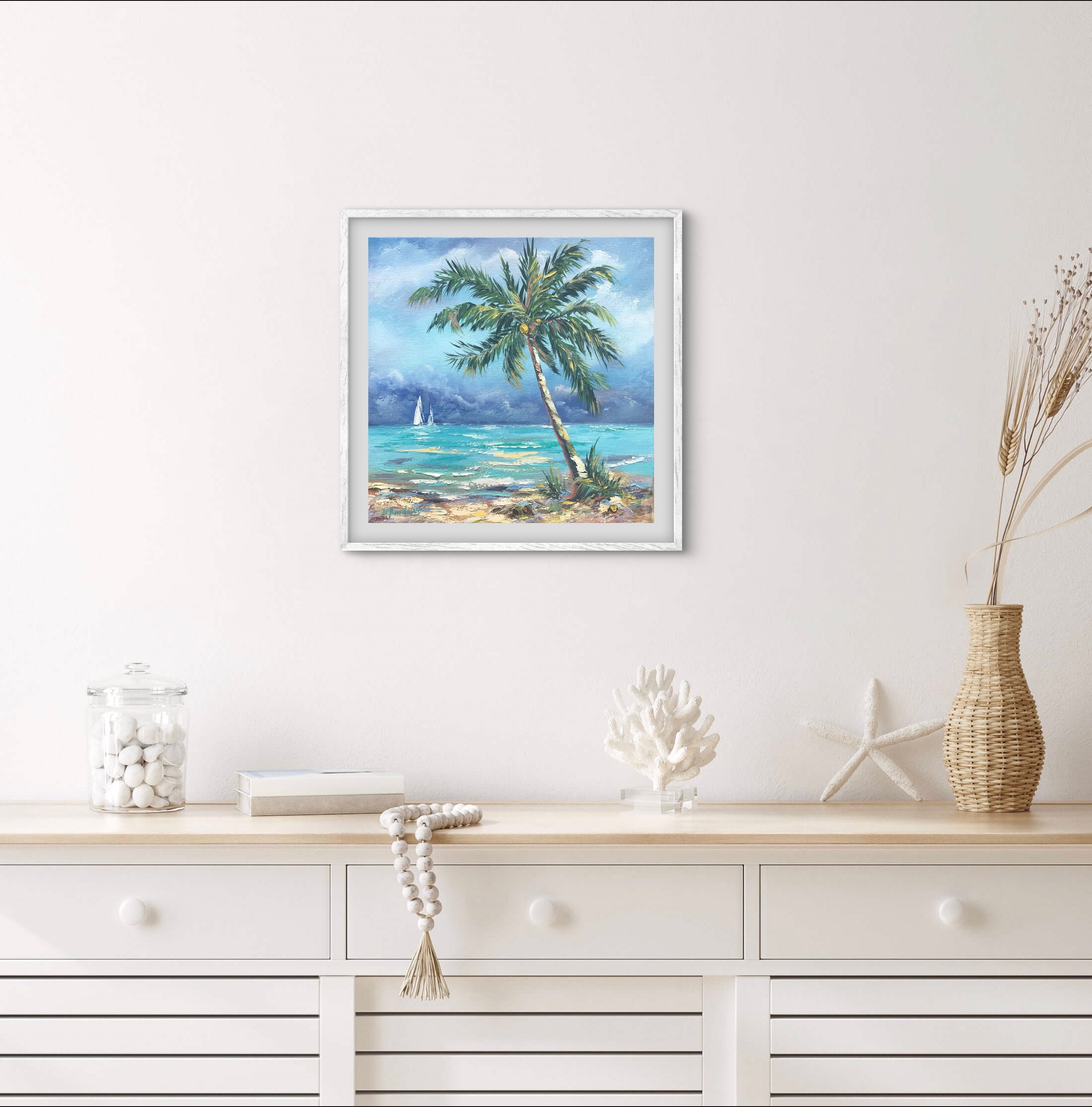 Tropical Beach Oil Painting: Palm Tree Seascape Art (12x12 ...