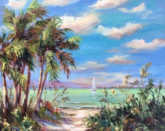 Beach Painting Palm Trees Original Art  Nautical Wall Art Seascape Painting Oil Painting On Canvas 20 By 20 ArtbyNadiaUS