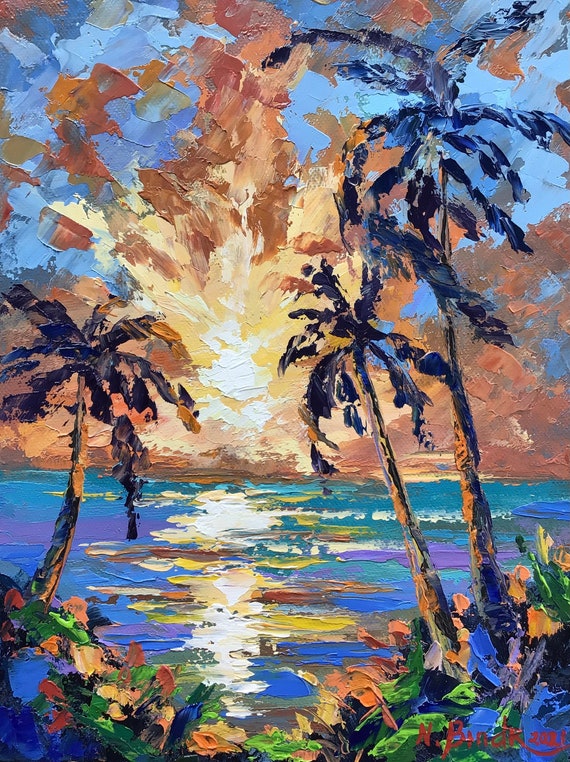 Peinture des Caraïbes Coucher de soleil sur la plage Art original Palmiers  et brise océanique Illustration Huile tropicale Empâtement Paysage marin  Peinture 9 par 12 ArtbyNadiaUS -  France