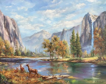 Waterfall Painting Yosemite Original Art Mountain Scenery Landscape Painting National Park Art Deer Original Oil Art 18 By 24 ArtbyNadiaUS