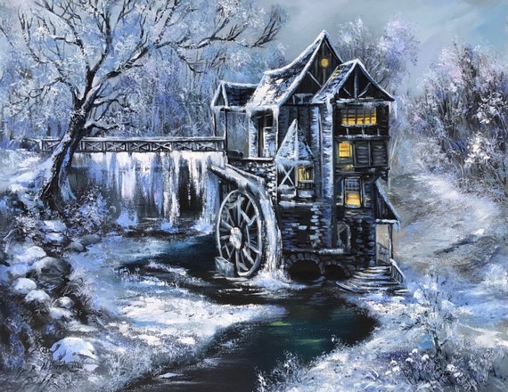 Halloween Painting Snow Original Art Spooky Grist Mill Artwork Water Mill  Wall Art Original Oil on Canvas 22 by 28 Artbynadiaus - Etsy