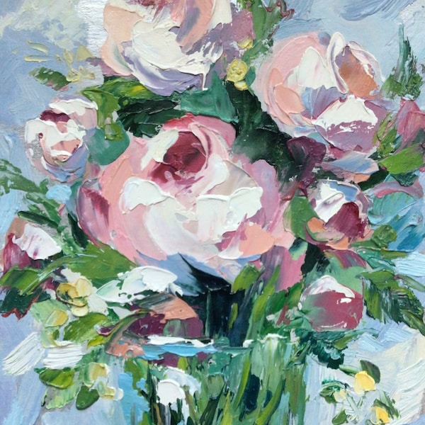 Peonies Painting: Flowers Original Art Pink Floral Oil Artwork On Canvas (12x9 Inch) ArtbyNadiaUS
