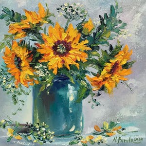 Sunflower Impasto Painting: Eucalyptus Original Art, 10x10 Oil On Canvas ArtbyNadiaUS