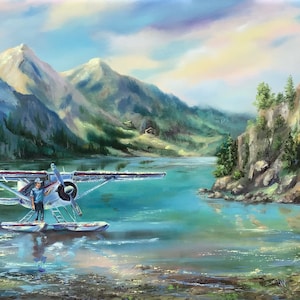 Airplane Painting Alaska Original Art Mountain And Lake Artwork Landscape Painting Original Oil On Canvas 48 By 24 ArtbyNadiaUS