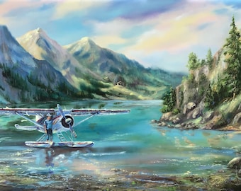 Alaska Landscape Oil Painting: Airplane, Mountain Lake Artwork (24x48)