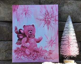 Baby Room Painting First Christmas Original Art Pink Teddy Bear Toy Painting Winter Small Art 10 By 8 ArtbyNadiaUS