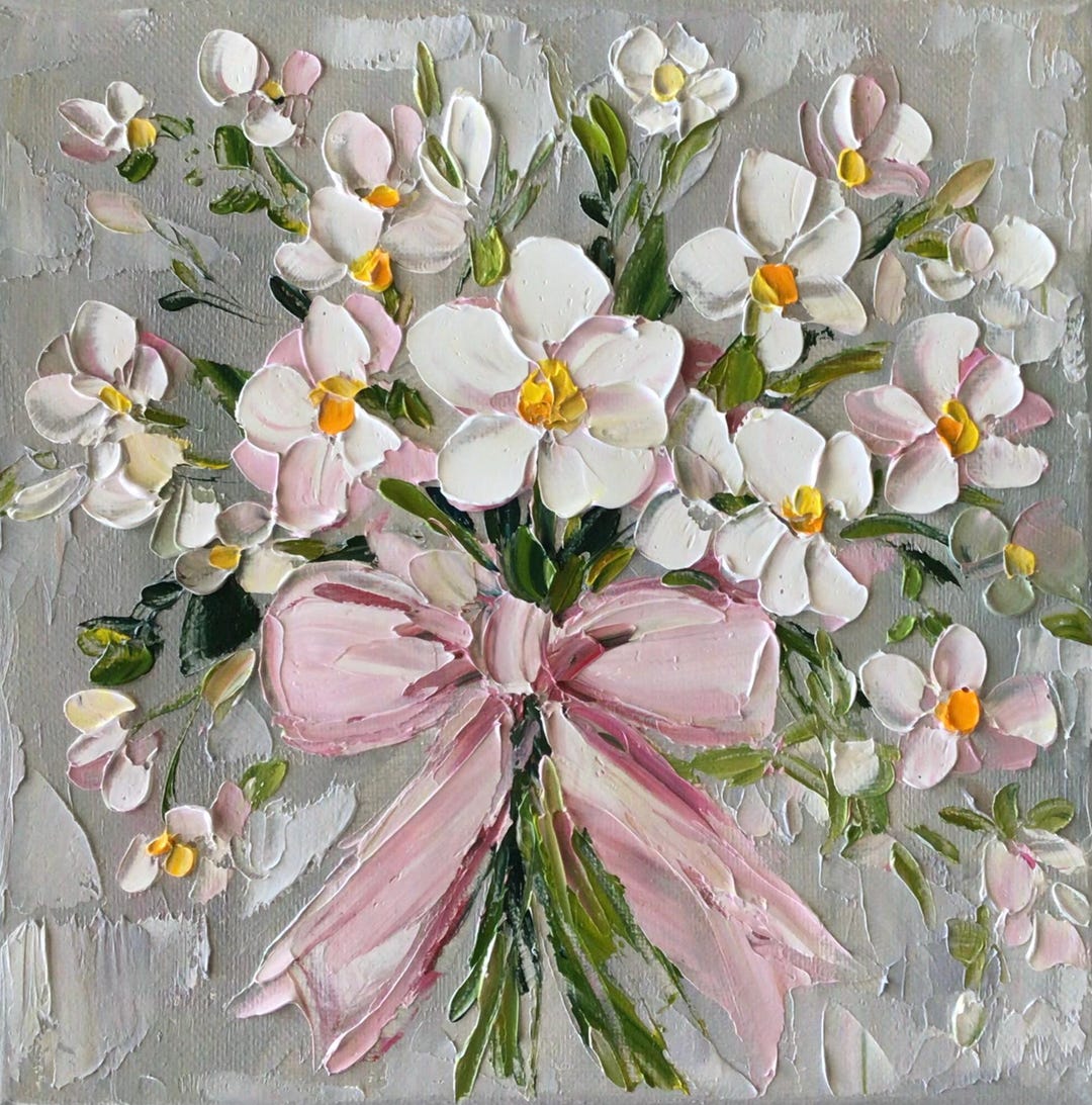 Cherry Blossom Painting Flowers Original Art Pink Bow on Canvas 8 by 8 ...