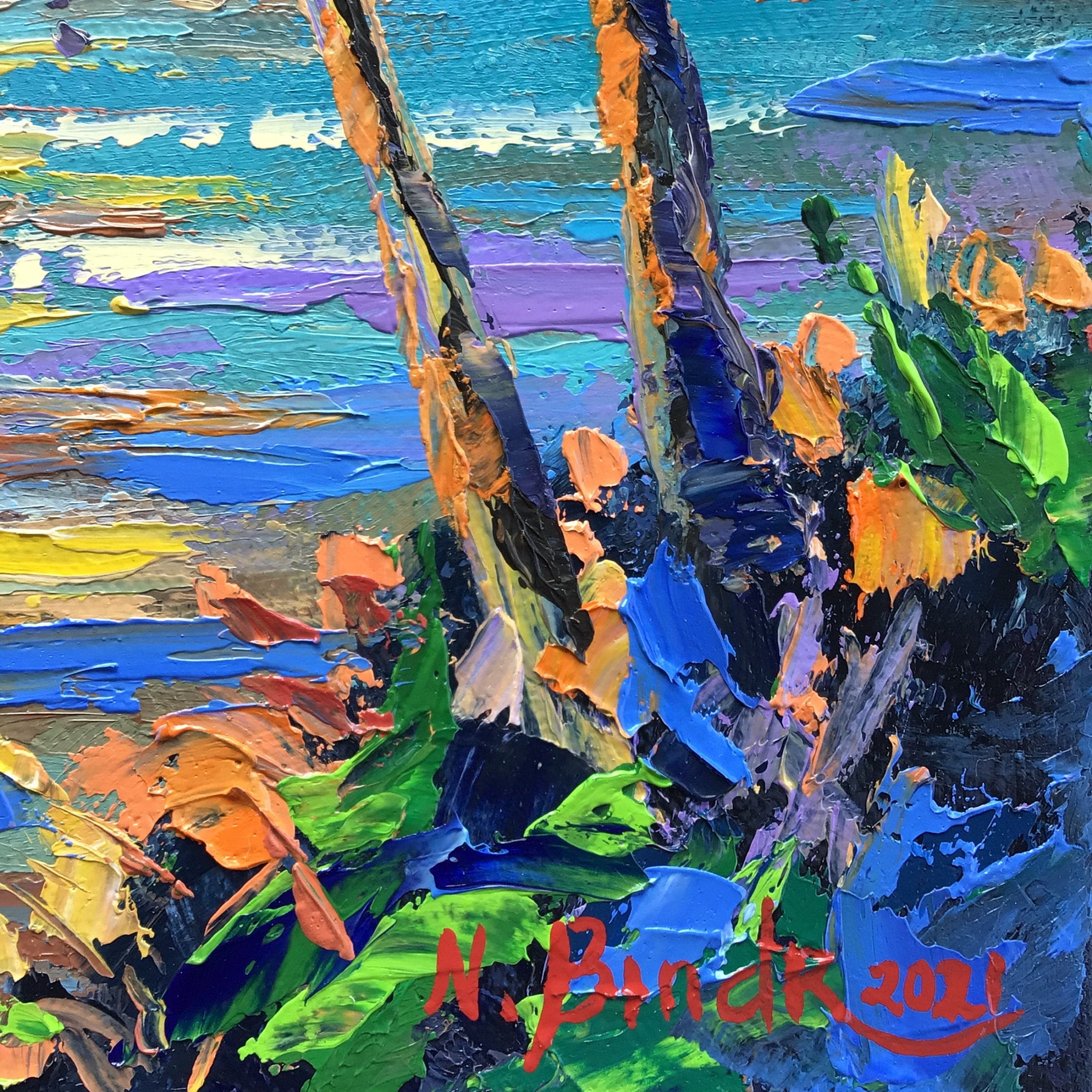 Caribbean Painting Beach Sunset Original Art Palm Trees and Ocean