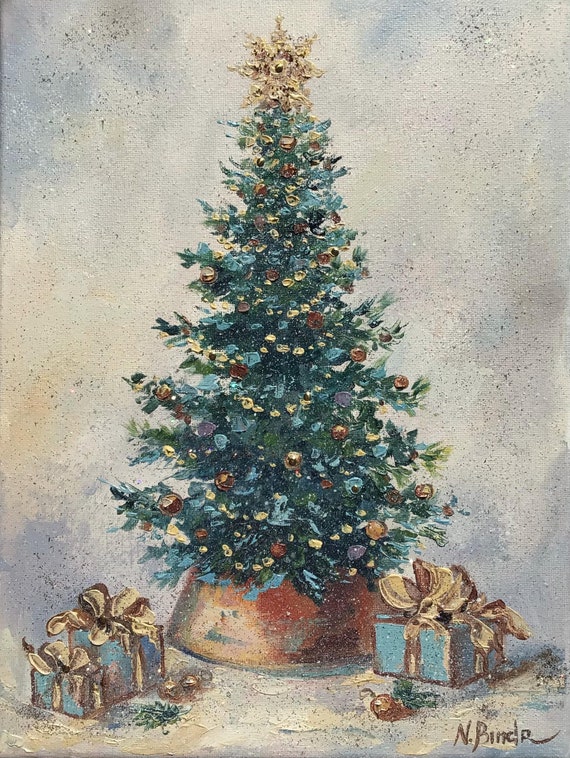 Vintage Christmas Tree Oil Painting: Winter Wonderland Canvas Art