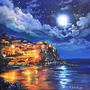 Mediterranean Painting Moon Original Art Night Seascape Art Moonlight Nautical Painting On Stretched Canvas 12 By 12 Inches ArtbyNadiaUS