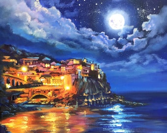 Mediterranean Painting Moon Original Art Night Seascape Art Moonlight Nautical Painting On Stretched Canvas 12 By 12 Inches ArtbyNadiaUS
