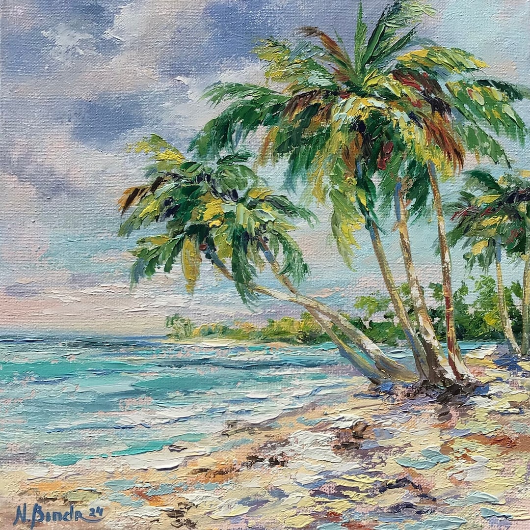 Tropical Island Painting Beach Original Art Palm Tree Artwork Oil on ...