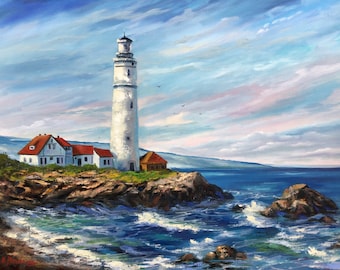 Lighthouse Painting Harbor Original Art Portland Artwork Seascape Painting New England Wall Art Original Oil On Canvas 18 By 24 ArtbyNadiaUS