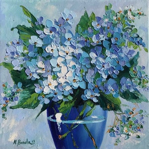 Hydrangea Painting Blue Flowers Original Art Floral Artwork Shabby Chic Flower Wall Painting Original Oil On Canvas 10 By 10 ArtbyNadiaUS