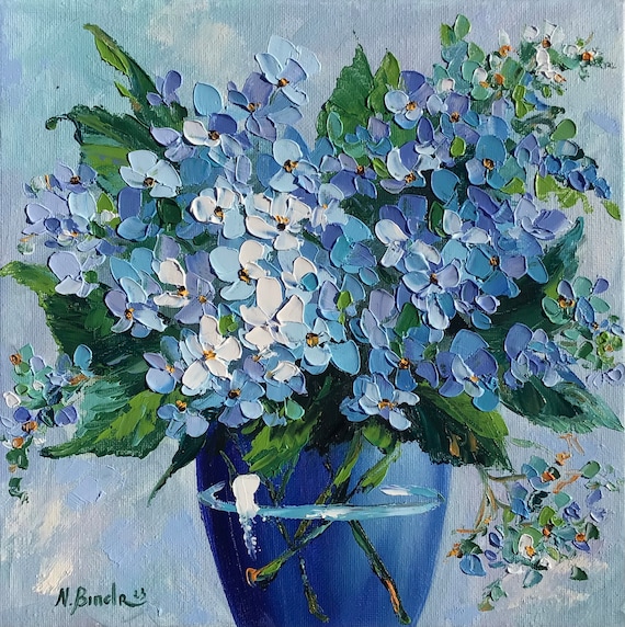 Hydrangea Painting: Blue Floral Oil Painting on Canvas (10x10