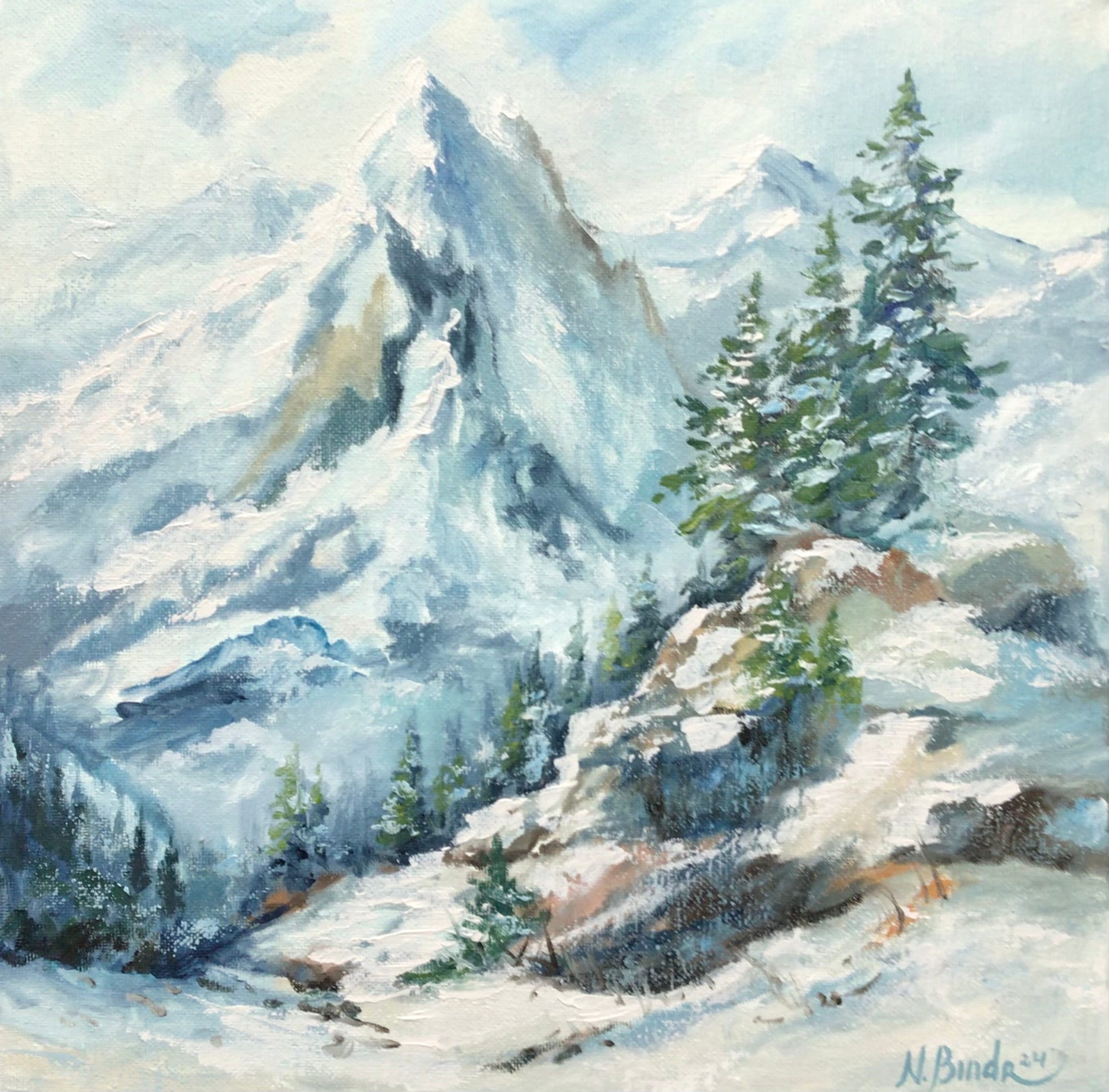 Winter Mountains Painting Snow Original Art Pine Trees Landscape Painting Chunky Wall Art Original Oil On Canvas 12 By 12 ArtbyNadiaUS