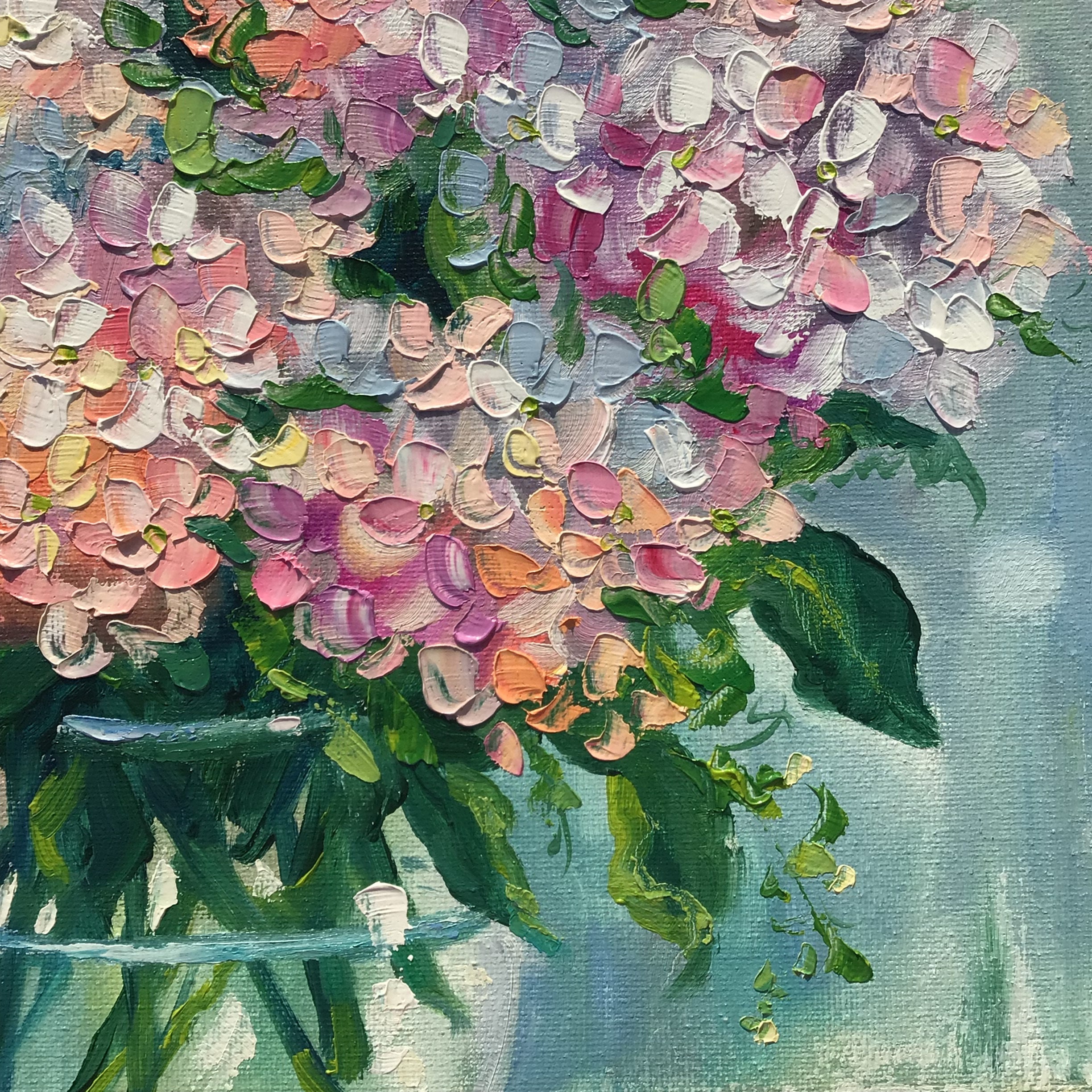 Hydrangea Painting: Pink Floral Oil Painting, Shabby Chic Art