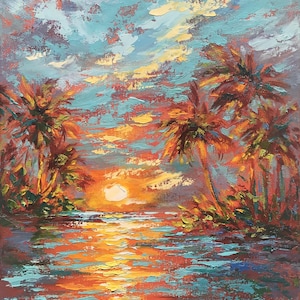 Sunset Painting Florida Original Art Chunky Wall Art Tropical Beach Artwork Original Oil On Canvas 14 By 11 ArtbyNadiaUS