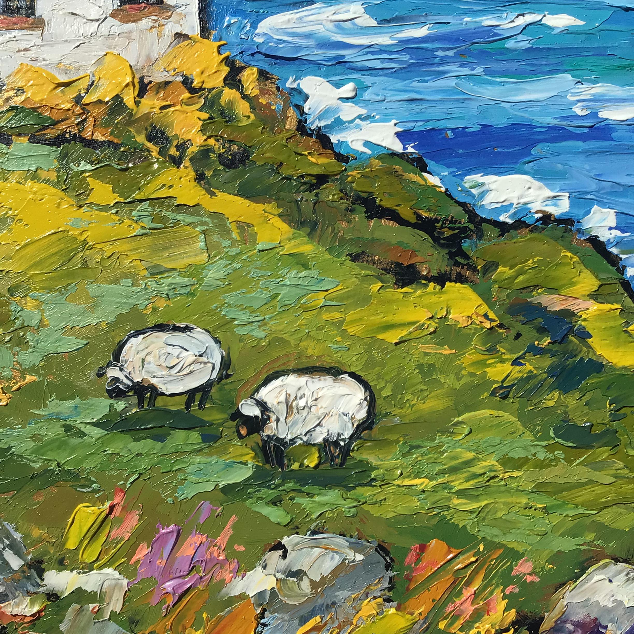 Ireland Cottage Painting: Sheep Original Art Ocean Impasto Oil Painting ...